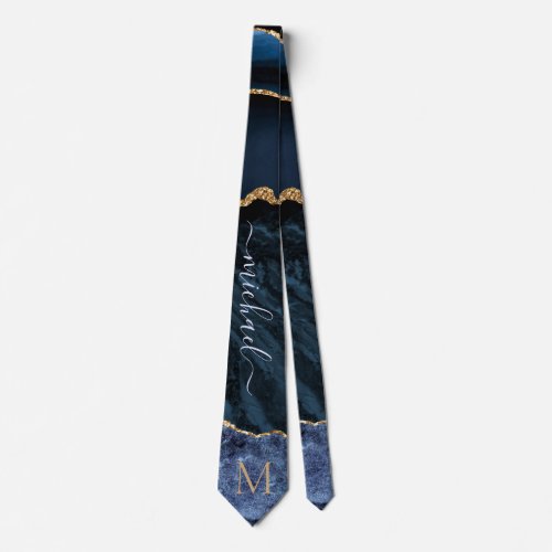Navy Blue Gold Marble Your Letter Name Neck Tie