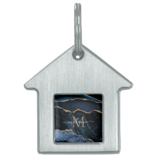Navy Blue Gold Marble Your Letter Name Pet ID Tag
