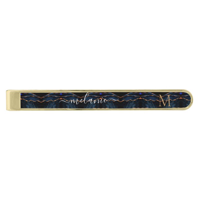 Navy Blue Gold Marble Your Letter Name Tie Bar (Front)