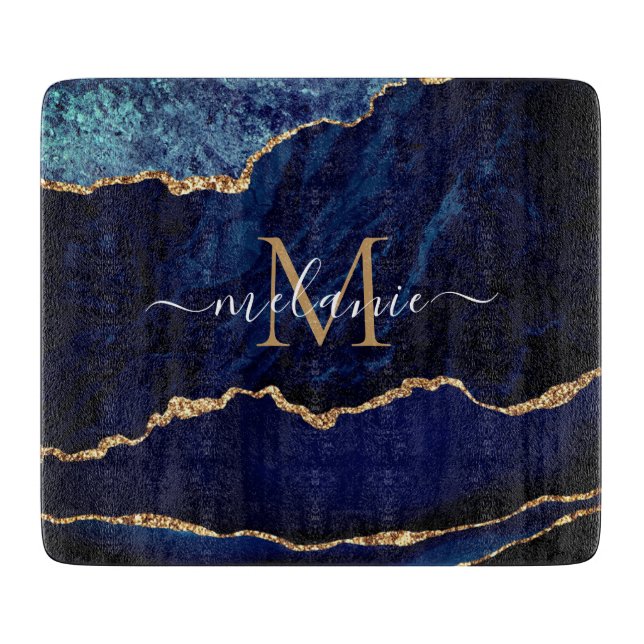 Navy Blue Gold Marble Your Name Cutting Board (Front)
