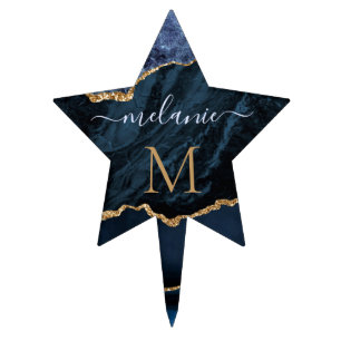 Navy Blue Gold Marble Your Name Leter Cake Topper