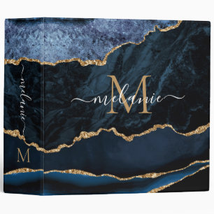Navy Blue Gold Marble Your Name Letter Binder