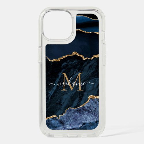 Navy Blue Gold Marble Your Name Letter iPhone Case