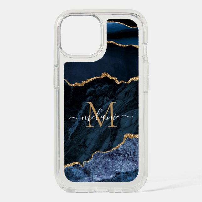 Navy Blue Gold Marble Your Name Letter iPhone Case (Front)