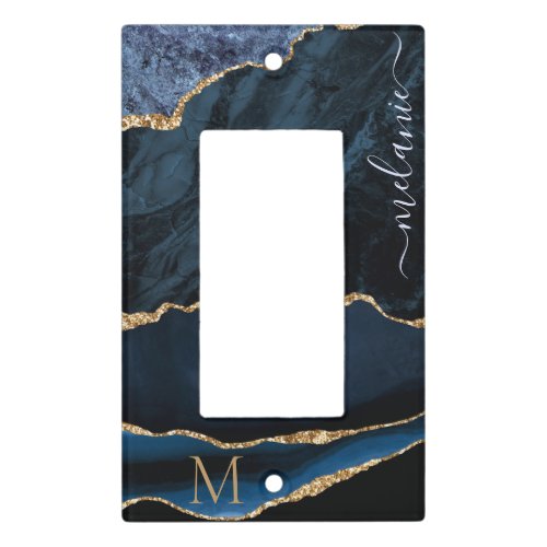 Navy Blue Gold Marble Your Name Light Switch Cover