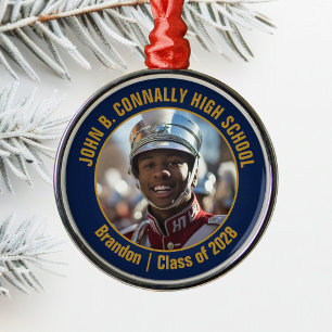Navy Blue Gold Marching Band Photo Christmas Metal Ornament