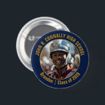 Navy Blue Gold Marching Band Photo High School Button<br><div class="desc">This cool customized high school marching band photo features your team and player name on a navy blue brag button with gold script. Personalize with your student's photograph and class year as a proud parent. A mom and dad can wear these buttons to competition and games.</div>