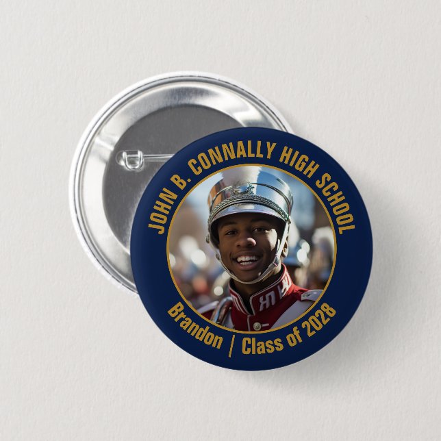 Navy Blue Gold Marching Band Photo High School Button (Front & Back)