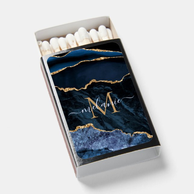 Navy Blue Gold Matchboxes Custom Name and Letter (Front Open)