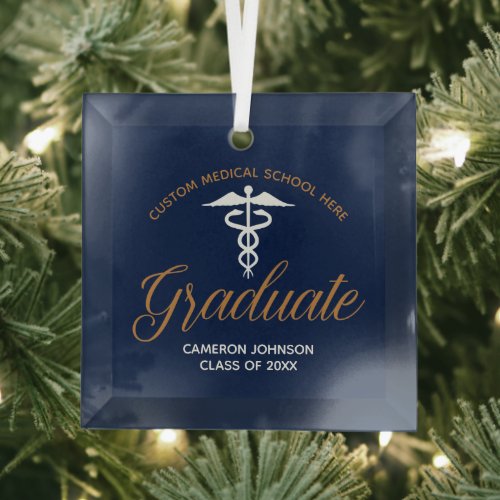 Navy Blue Gold Medical School Graduation Gift Glass Ornament