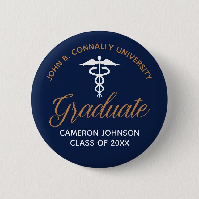 Navy Blue Gold Medical School Graduation Keepsake Button (Front)