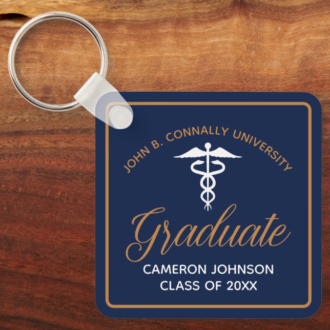 Navy Blue Gold Medical School Graduation Keepsake Keychain (Front)