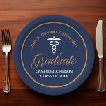 Navy Blue Gold Medical School Graduation Party Paper Plates<br><div class="desc">This chic navy blue and gold custom medical school graduation party paper plate features classy white typography under a medical caduceus and your college name for the class of 2026. Customize with your school details for great personalized university graduate decor.</div>