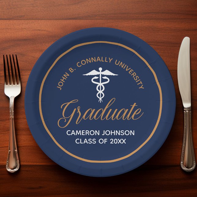 Navy Blue Gold Medical School Graduation Party Paper Plates (Creator Uploaded)