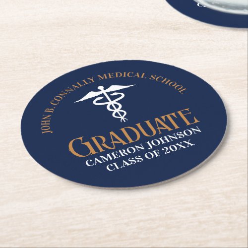 Navy Blue Gold Medical School Graduation Party Round Paper Coaster