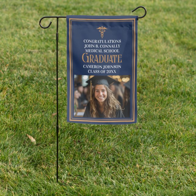Navy Blue Gold Medical School Graduation Photo Garden Flag (In SItu)