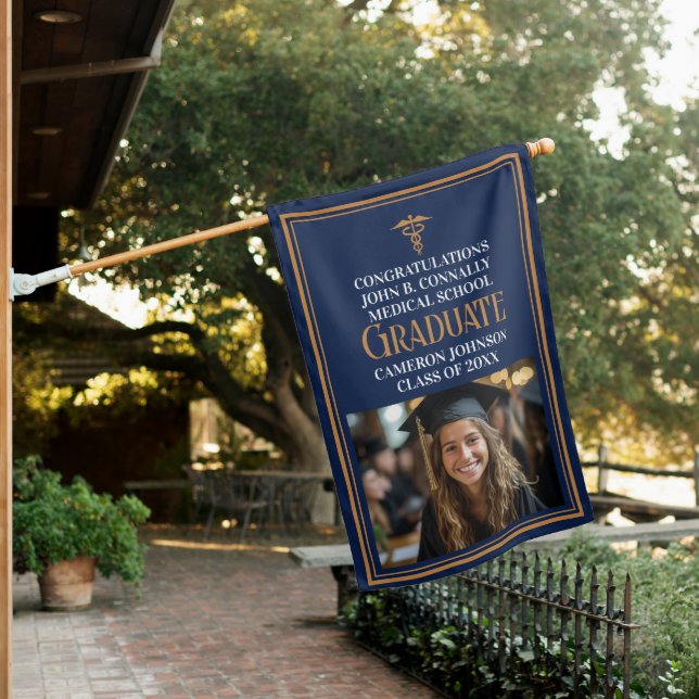 Navy Blue Gold Medical School Graduation Photo House Flag (In SItu)