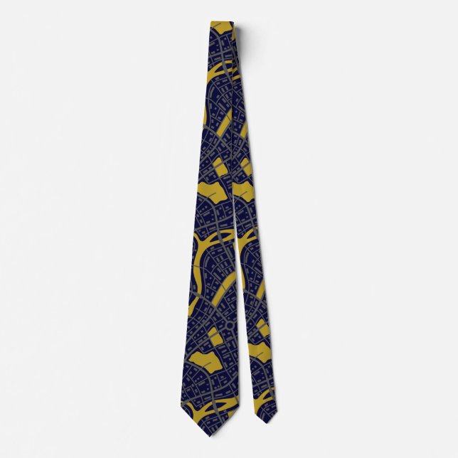 Navy Blue Gold Men's Topographic Map  Neck Tie (Front)
