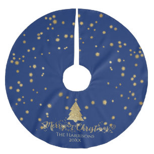 Navy Blue Gold Merry Christmas Tree Sparkles Brushed Polyester Tree Skirt