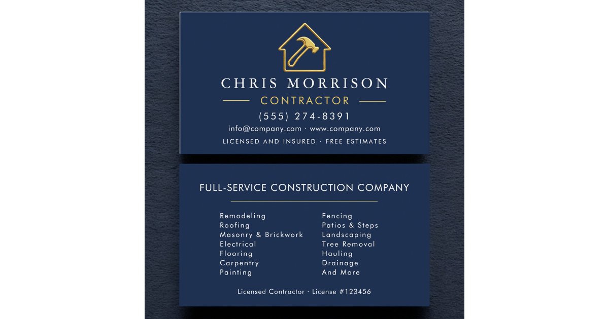 Navy Blue Gold Metallic Building Construction Business Card | Zazzle