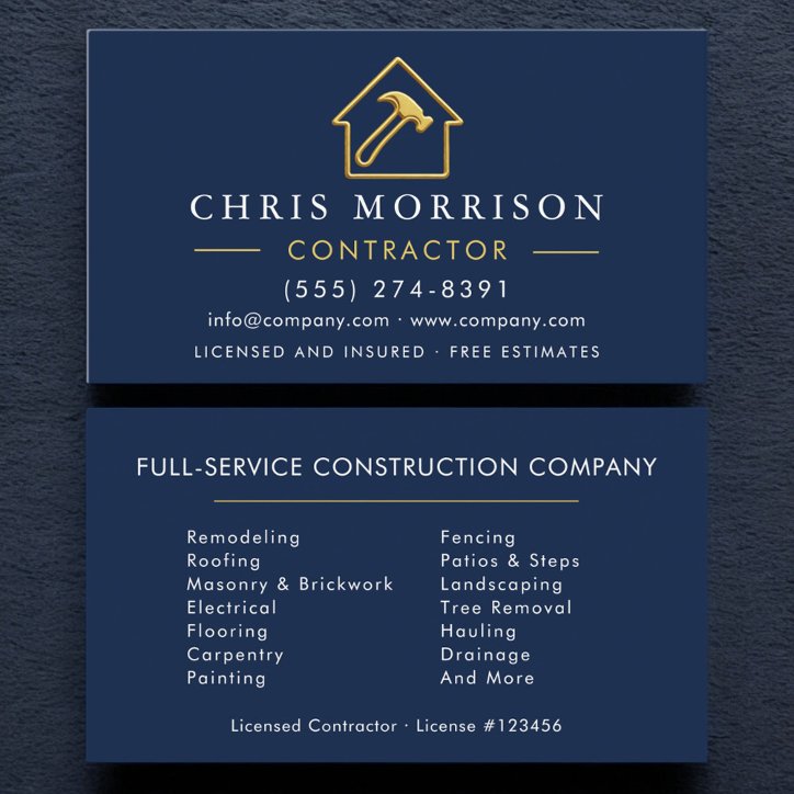 Navy Blue Gold Metallic Building Construction Business Card