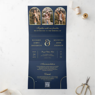 Navy Blue Gold Minimal Arch Photo QR code Wedding Tri-Fold Invitation