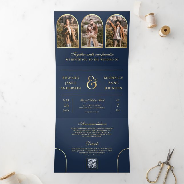 Navy Blue Gold Minimal Arch Photo QR code Wedding Tri-Fold Invitation (Inside)