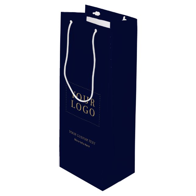 Navy Blue & Gold Minimal Business Logo Wine Gift Bag (Front Angled)