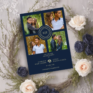 Navy Blue & Gold Minimal Initials 4 Multi Photos Save The Date