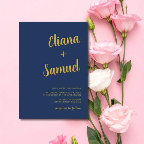 Navy Blue Gold Minimal Modern Calligraphy Wedding Invitation