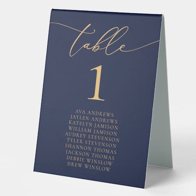 Navy Blue & Gold Minimalist Wedding Table Number Tent (Front)