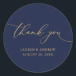 Navy Blue & Gold Minimalist Wedding Thank You Classic Round Sticker<br><div class="desc">Our modern minimalist thank you sticker/seal has "thank you" written in modern calligraphy script and can be fully customized with your name,  dates and background color. Made to match our Purple Plum Modern Minimalist Wedding Suite.</div>
