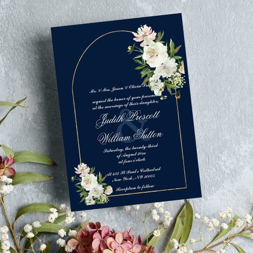 Navy blue gold mint white peony floral wedding invitation