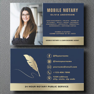 Navy Blue Gold Mobile Notary Signing Agent Photo Business Card