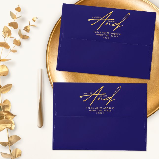 Navy Blue Gold Modern Classic Typography Wedding Envelope (Creator Uploaded)