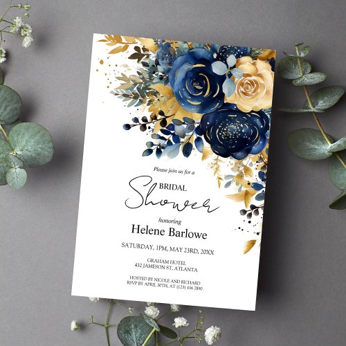 Navy Blue Gold Modern Floral Bridal Shower Invitation