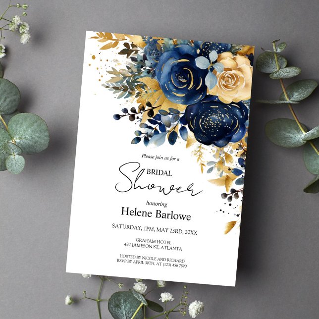 Navy Blue Gold Modern Floral Bridal Shower Invitation (Navy Blue Gold Modern Floral Bridal Shower Invitation)