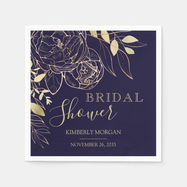 Navy Blue & Gold Modern Floral Bridal Shower Napki Napkins (Front)