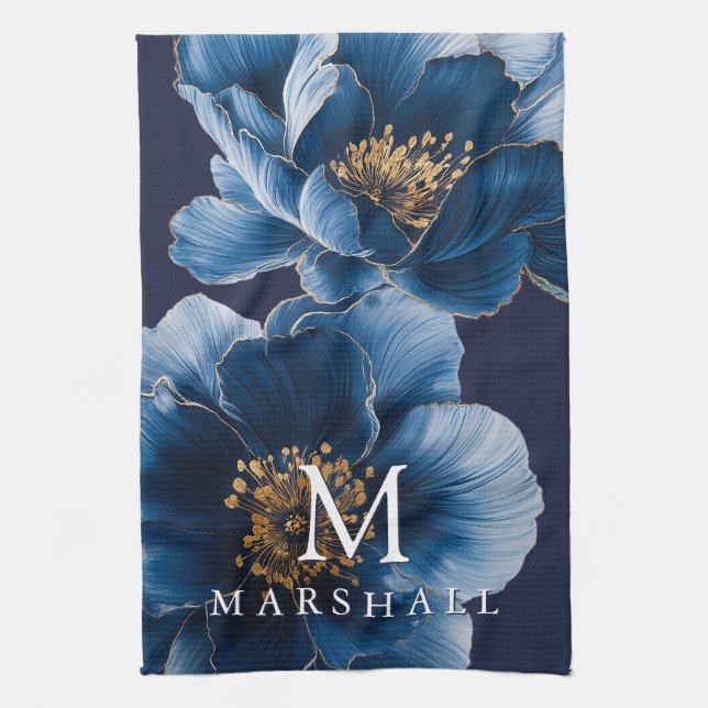 Navy Blue Gold Modern Floral Monogram Family Name Kitchen Towel (Vertical)