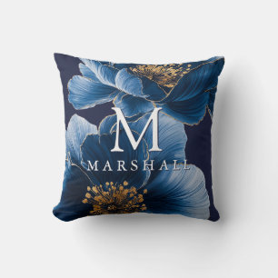 Navy Blue Gold Modern Floral Monogram Family Name Throw Pillow