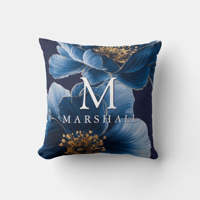 Navy Blue Gold Modern Floral Monogram Family Name Throw Pillow (Front)