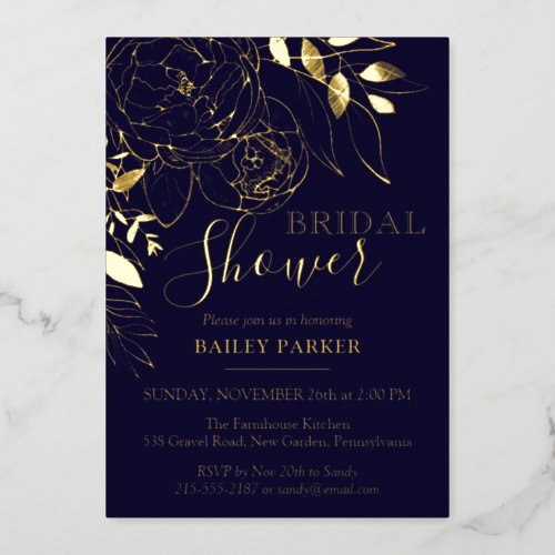 Navy Blue  Gold Modern Floral Peony Bridal Shower Foil Invitation