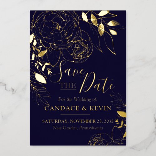 Navy Blue  Gold Modern Floral Peony Save the Date Foil Invitation