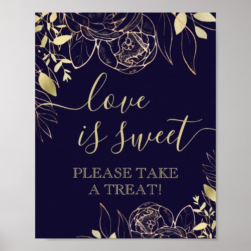 Navy Blue  Gold Modern Floral Sweet Favor Table Poster