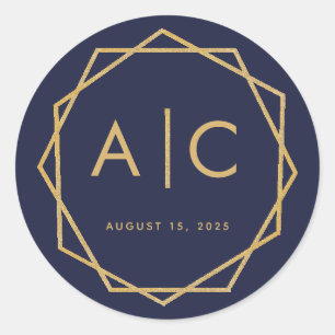 Navy Blue & Gold Modern Geometric Wedding Monogram Classic Round Sticker