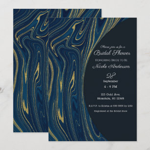 Navy Blue & Gold Modern Glam Marble Bridal Shower Invitation