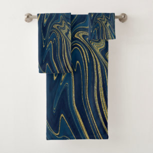 Navy Blue & Gold Modern Glam Marble Chic Look Bath Towel Set