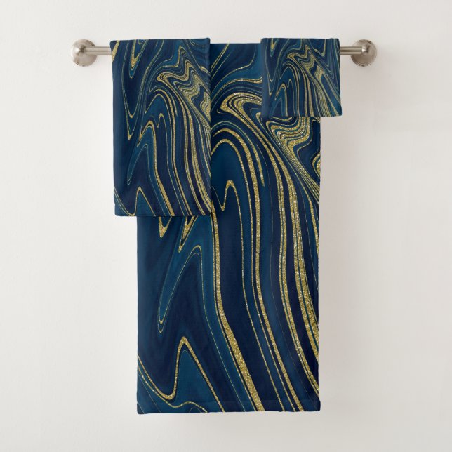 Navy Blue & Gold Modern Glam Marble Chic Look Bath Towel Set (Insitu)