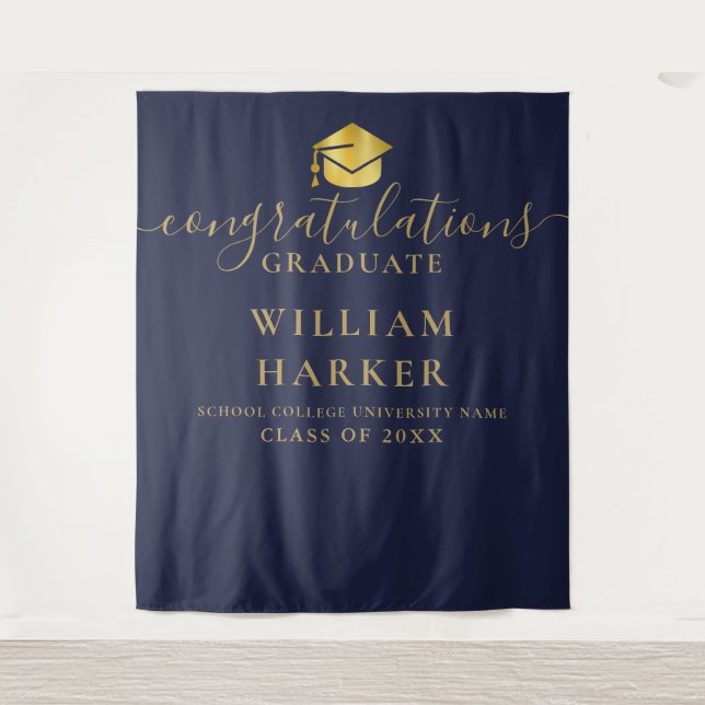 Navy Blue Gold Modern Graduation Photo Backdrop (Front)