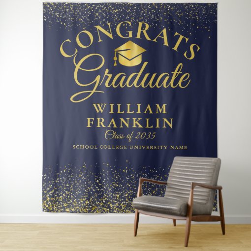 Navy Blue Gold Modern Graduation Photo Backdrop | Zazzle